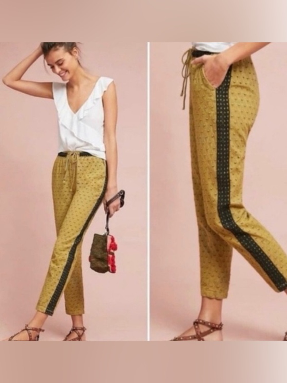 Anthropologie Eyelet Olive Black Pull On Trouser Pants size L